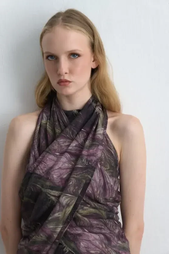 Anka Collection Scarf Halter Neck Blouse - Maroon - 5