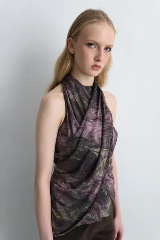 Anka Collection Scarf Halter Neck Blouse - Maroon - 7