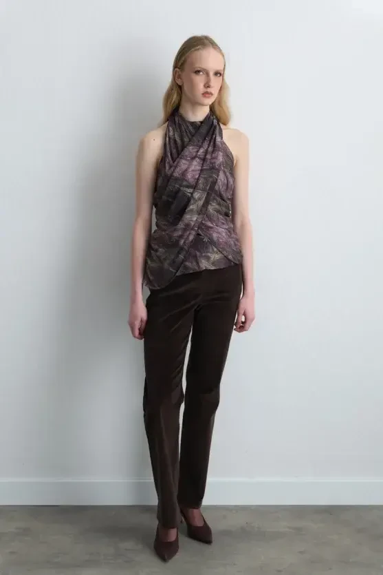 Anka Collection Scarf Halter Neck Blouse - Maroon - 3