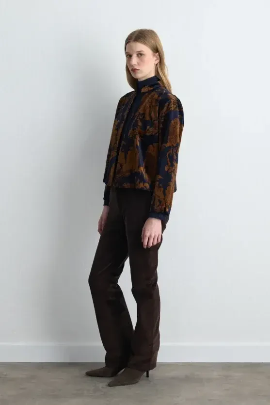 Anka Collection Stand Collar Velvet Jacket - Navy Blue - 5