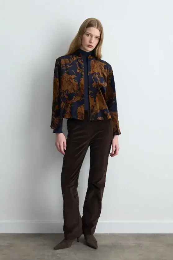 Anka Collection Stand Collar Velvet Jacket - Navy Blue - Gusto