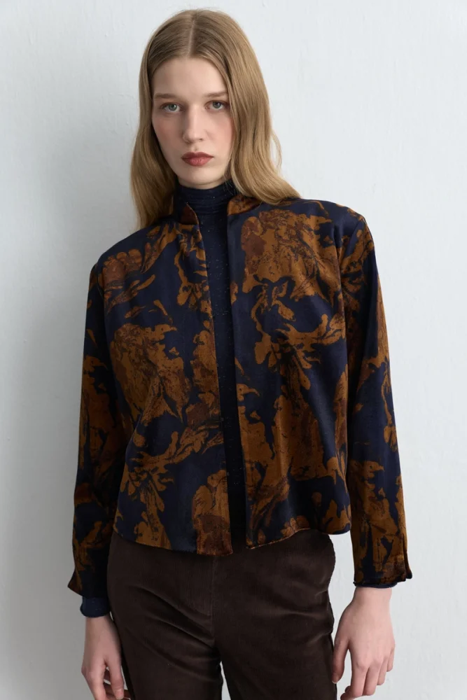 Anka Collection Stand Collar Velvet Jacket Navy Blue Navy Blue