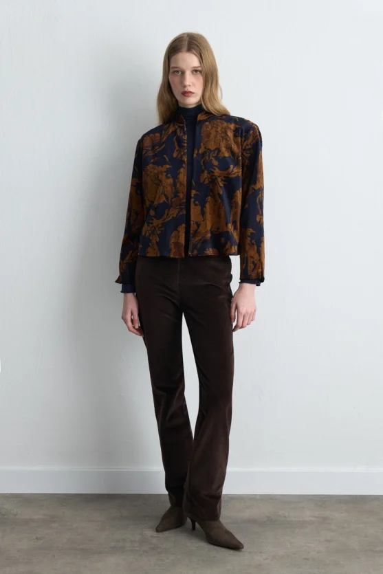 Anka Collection Stand Collar Velvet Jacket Navy Blue - Gusto