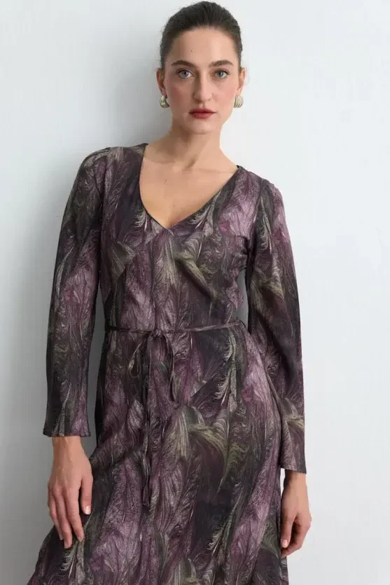 Anka Collection V-Neck Patterned Long Dress - Plum - Gusto