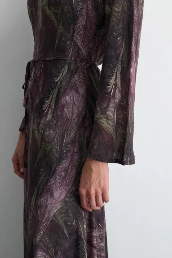 Anka Collection V-Neck Patterned Long Dress - Plum - 6
