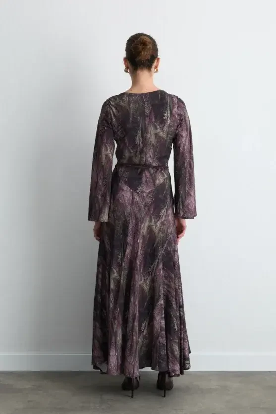 Anka Collection V-Neck Patterned Long Dress - Plum - 7