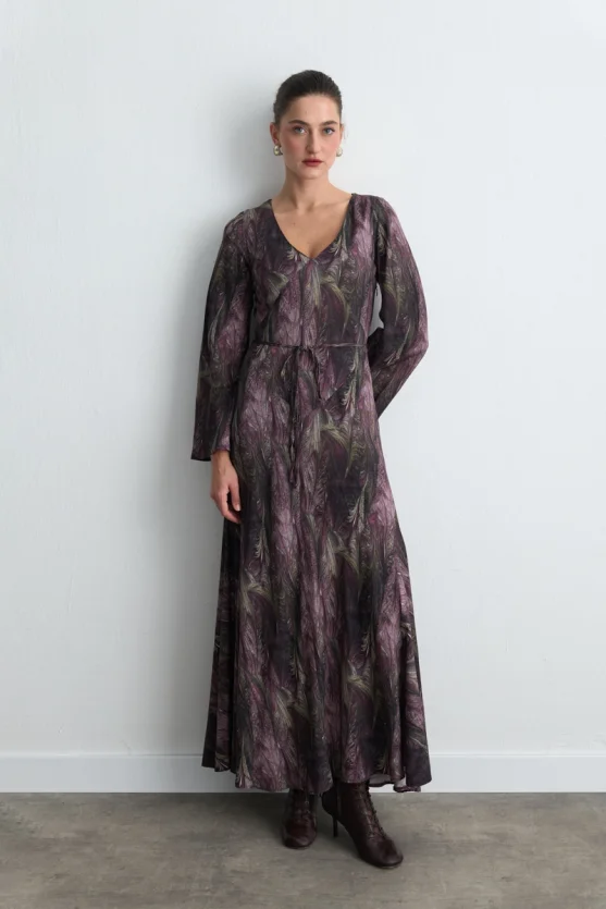 Anka Collection V Neck Patterned Long Dress Plum - Gusto