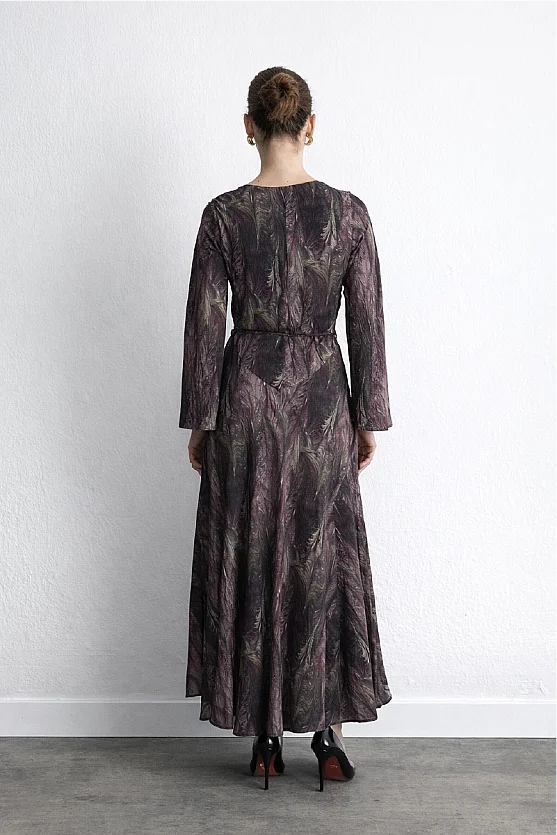 Anka Collection V Neck Patterned Long Dress Plum - 6