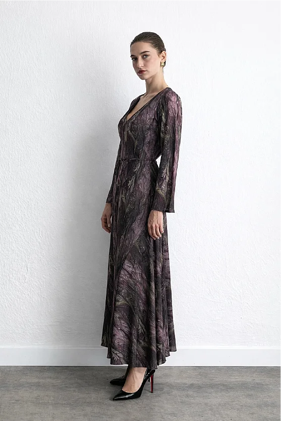 Anka Collection V Neck Patterned Long Dress Plum - 4