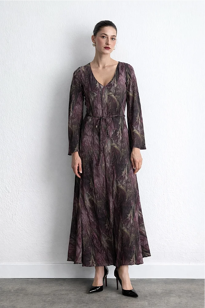 Anka Collection V Neck Patterned Long Dress Plum Marroon