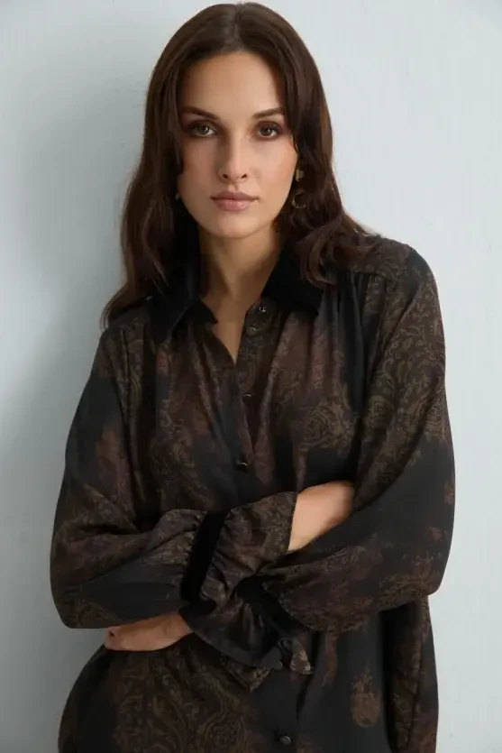 Anka Collection Velvet-Collared Shirt - Brown - 3