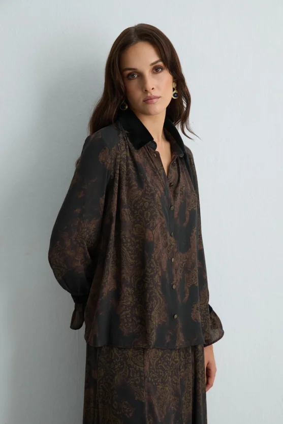 Anka Collection Velvet Collared Shirt Brown - 2