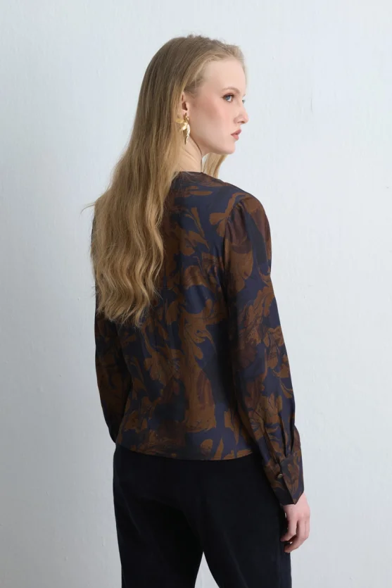 Anka Collection Viscose Satin D collet Blouse Brown - 4