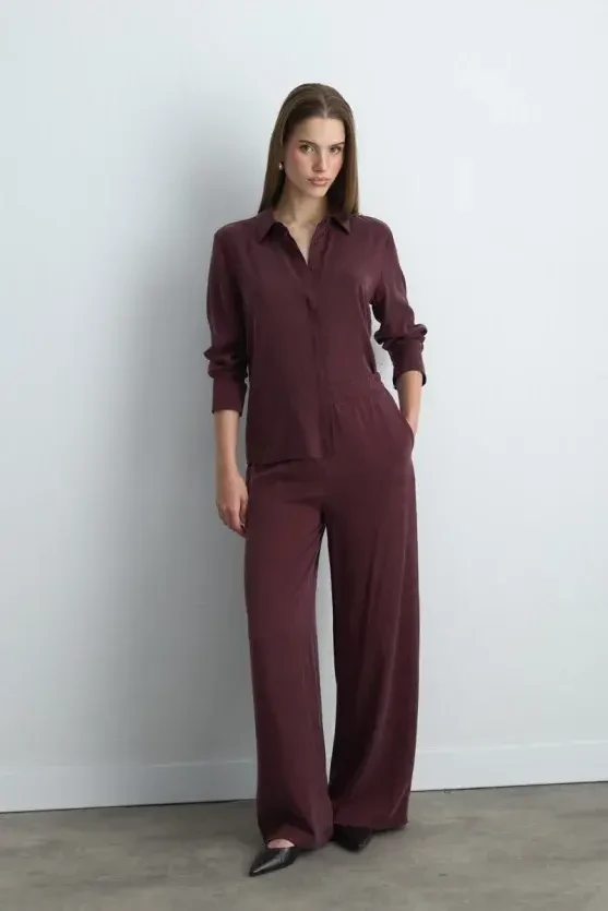 Anka Collection Wide Leg Lyocell Pants - Burgundy - Gusto