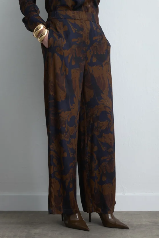 Anka Collection Wide Leg Viscose Satin Pants - Brown - Gusto