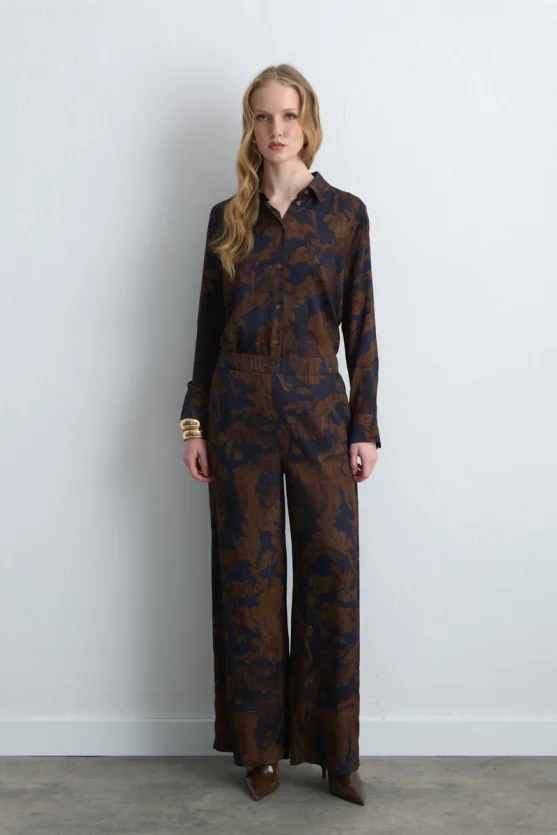 Anka Collection Wide Leg Viscose Satin Pants - Brown - Gusto