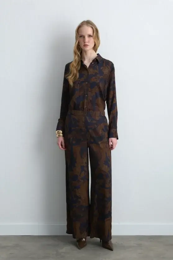 Anka Collection Wide Leg Viscose Satin Pants - Brown - Gusto