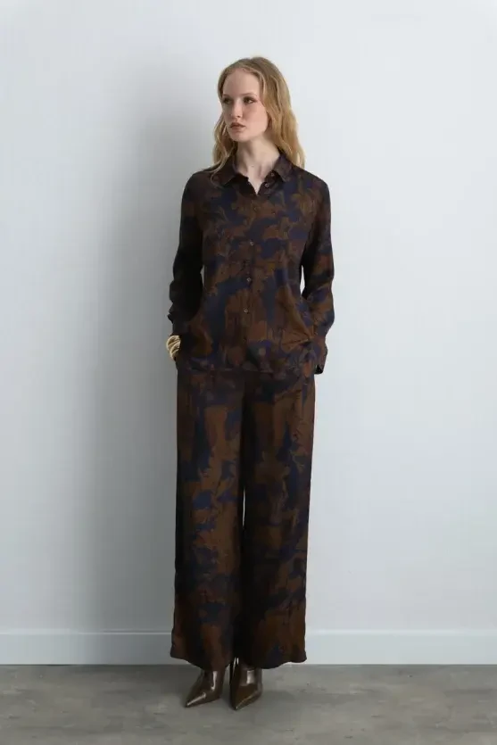 Anka Collection Wide Leg Viscose Satin Pants - Brown - Gusto