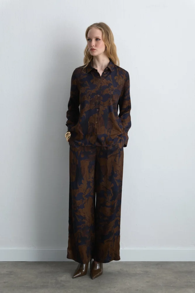 Anka Collection Wide Leg Viscose Satin Pants Brown Brown