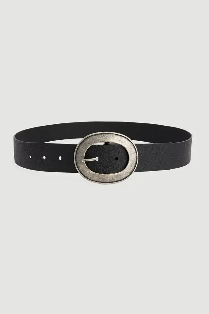 Antique Buckle Leather Belt - Black Black