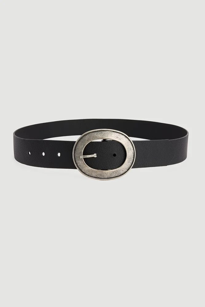 Antique Buckle Leather Belt Black Black