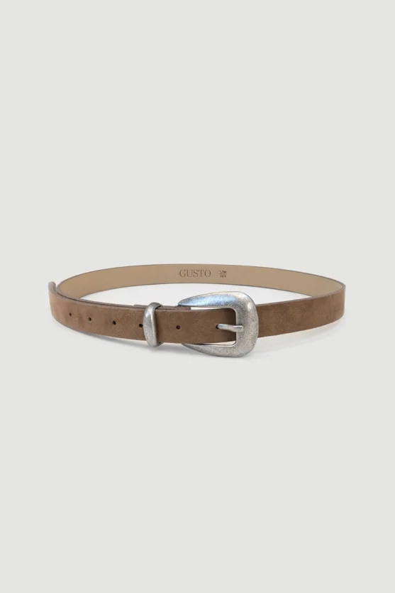 Antique-Coated Faux Suede Belt - Brown - Gusto