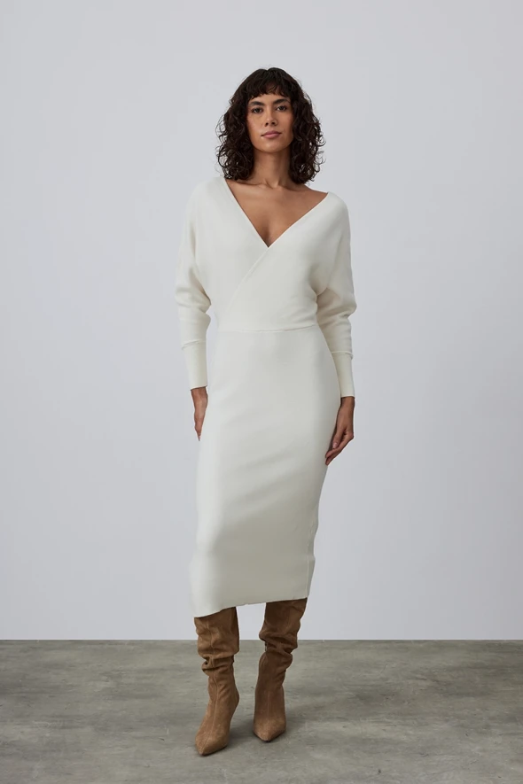 Anvelop Cut Knitwear Dress - Ecru - 2