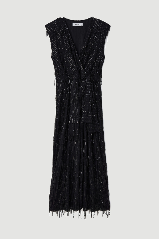 Anvelop Cut Long Sequin Sequin Dress - Black - Gusto