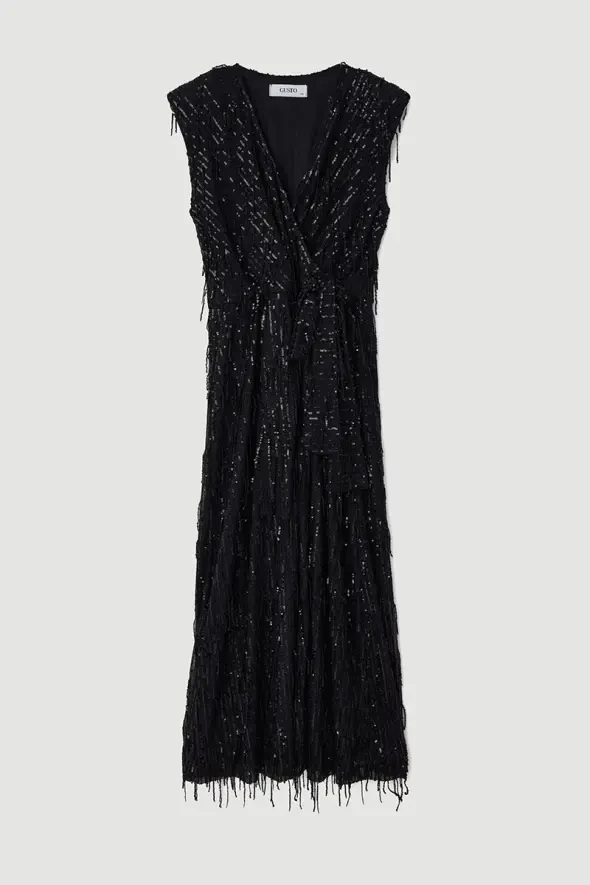 Anvelop Cut Long Sequin Sequin Dress - Black - 5
