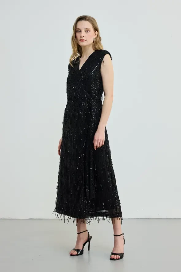 Anvelop Cut Long Sequin Sequin Dress - Black - 1