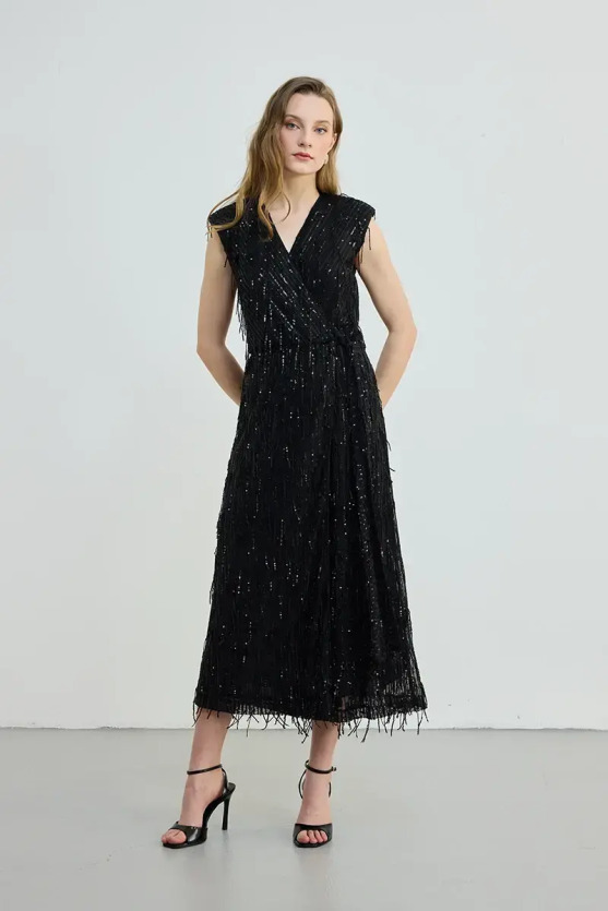 Anvelop Cut Long Sequin Sequin Dress - Black - Gusto