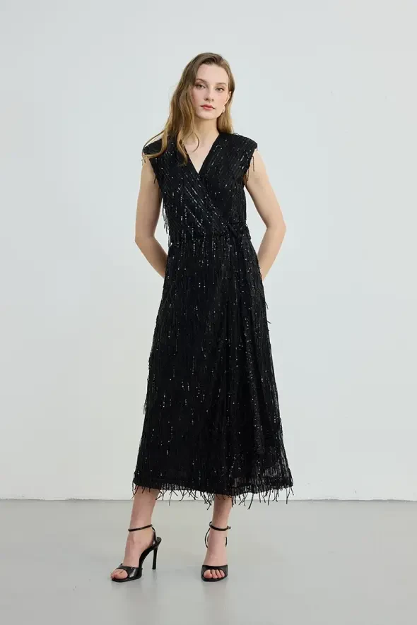 Anvelop Cut Long Sequin Sequin Dress - Black - 2