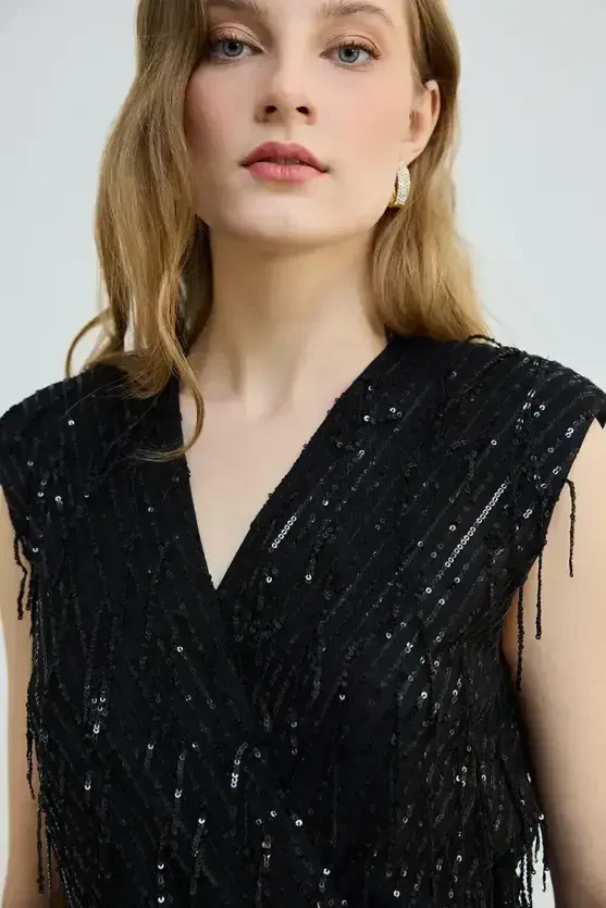 Anvelop Cut Long Sequin Sequin Dress - Black - Gusto