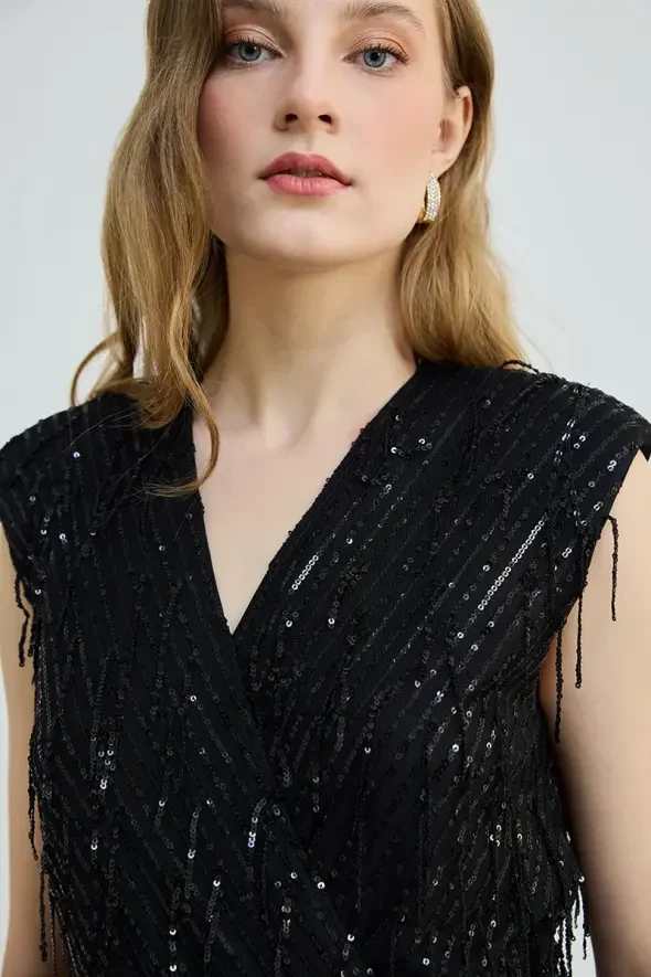 Anvelop Cut Long Sequin Sequin Dress - Black - 3