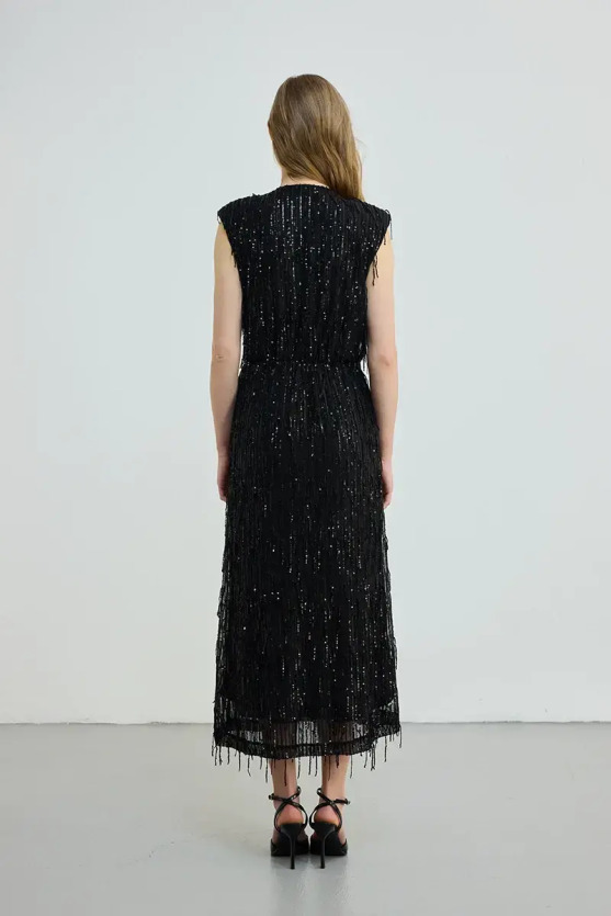 Anvelop Cut Long Sequin Sequin Dress - Black - Gusto