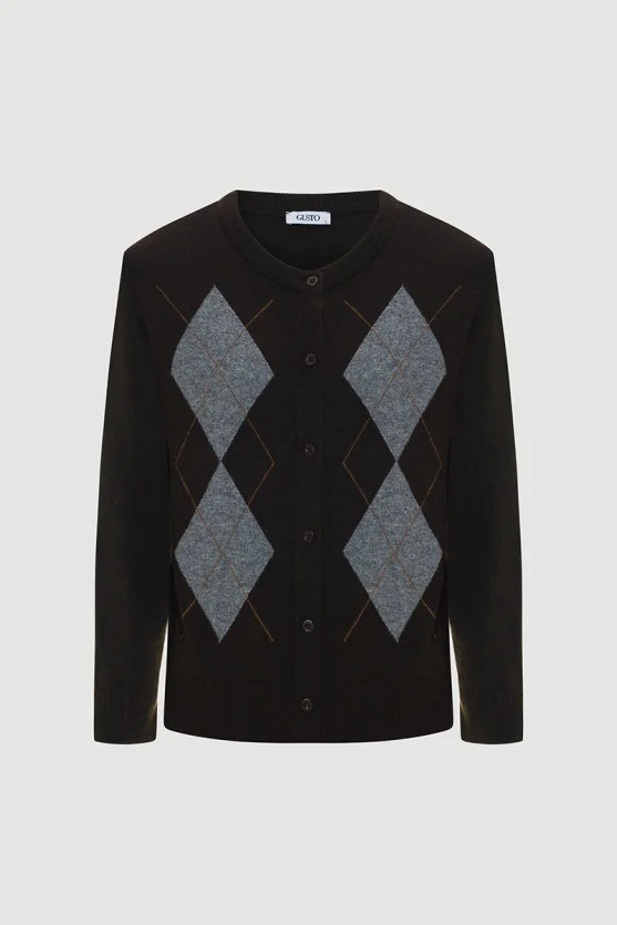 Argyle Patterned Designed Knit Wool Cardigan Brown - Gusto