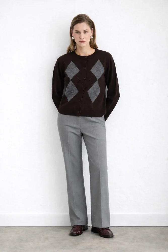 Argyle Patterned Designed Knit Wool Cardigan Brown - Gusto (1)