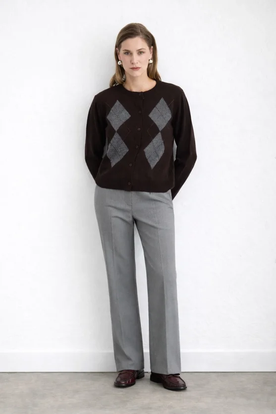 Argyle Patterned Designed Knit Wool Cardigan Brown - Gusto