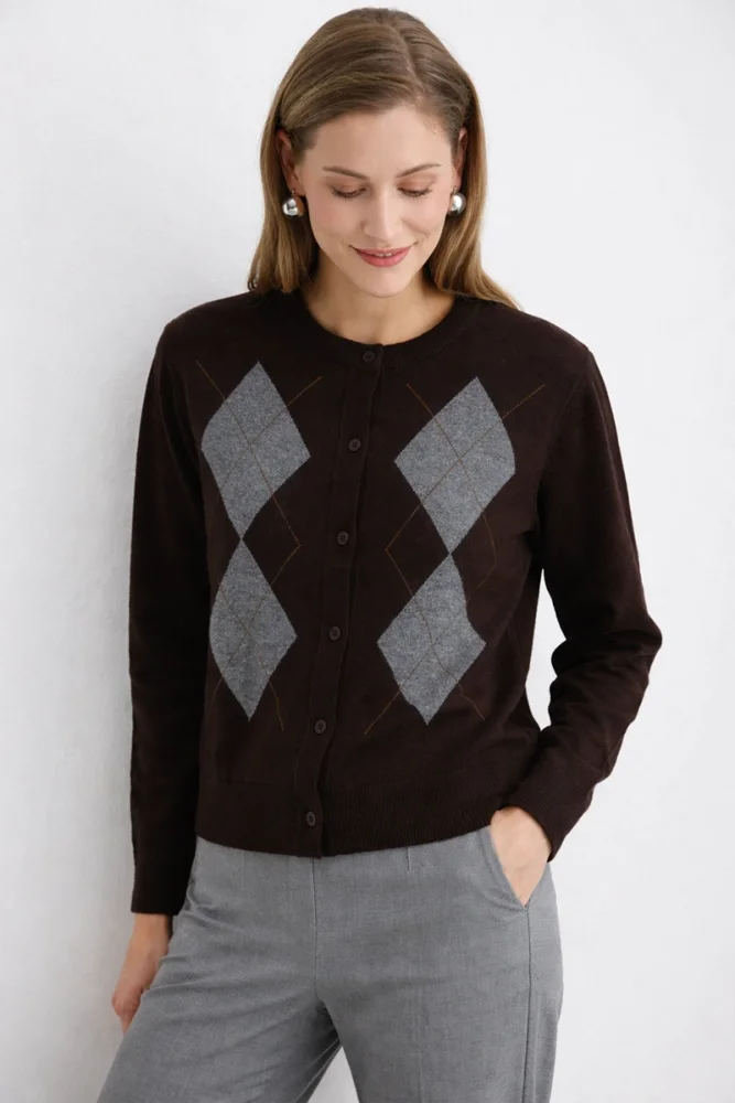 Argyle Patterned Designed Knit Wool Cardigan Brown