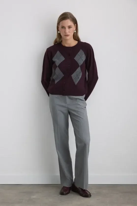 Argyle Wool Knit Cardigan - Mulberry - Gusto