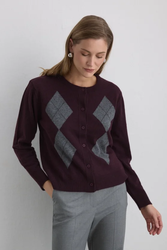 Argyle Wool Knit Cardigan Mulberry - Gusto