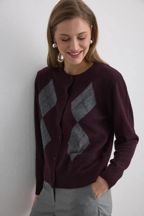 Argyle Wool Knit Cardigan Mulberry - 5