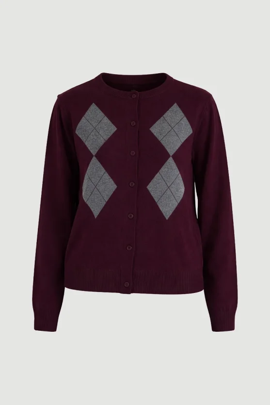 Argyle Wool Knit Cardigan Mulberry - 8
