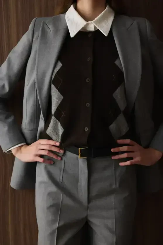 Argyle Wool Knit Vest - Brown - 2