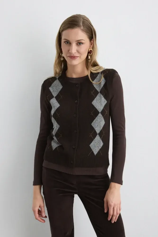 Argyle Wool Knit Vest - Brown Brown
