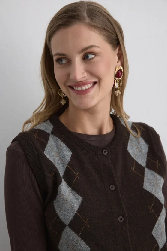 Argyle Wool Knit Vest Brown - 6
