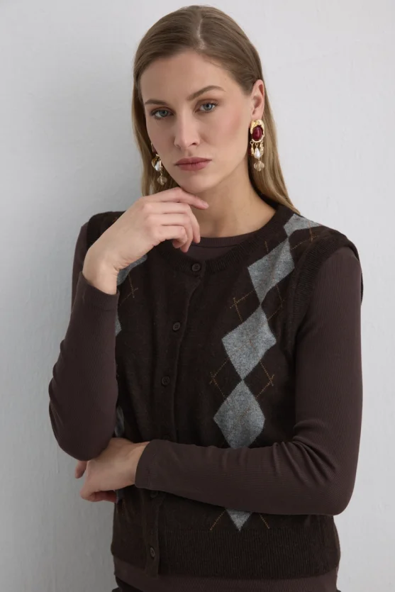 Argyle Wool Knit Vest Brown - 4