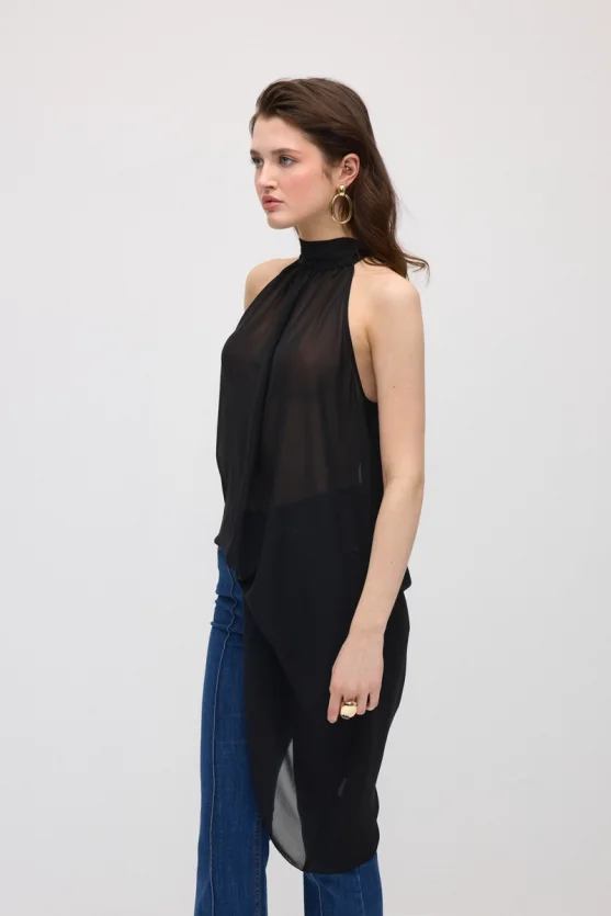 Asymmetric Cut Chiffon Blouse - Black - Gusto