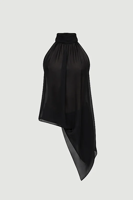 Asymmetric Cut Chiffon Blouse - Black - Gusto