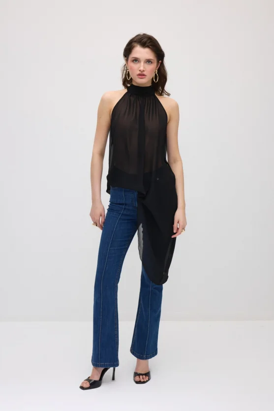 Asymmetric Cut Chiffon Blouse - Black - Gusto
